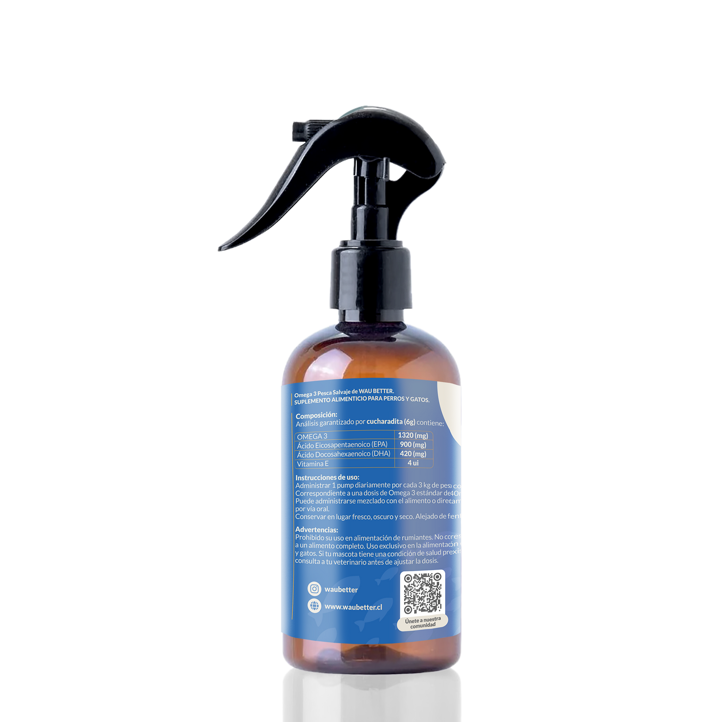 Etiqueta aceite omega-3 pesca salvaje WAU BETTER - EPA DHA Vitamina E natural hecho en Chile
