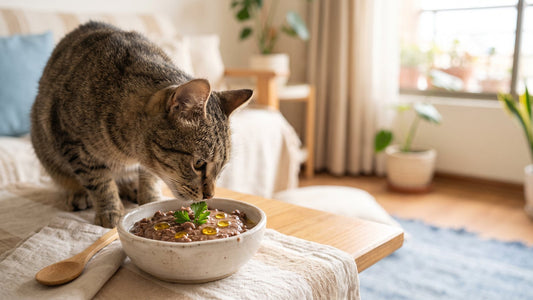 Gato oliendo un plato de comida húmeda con aceite de pescado