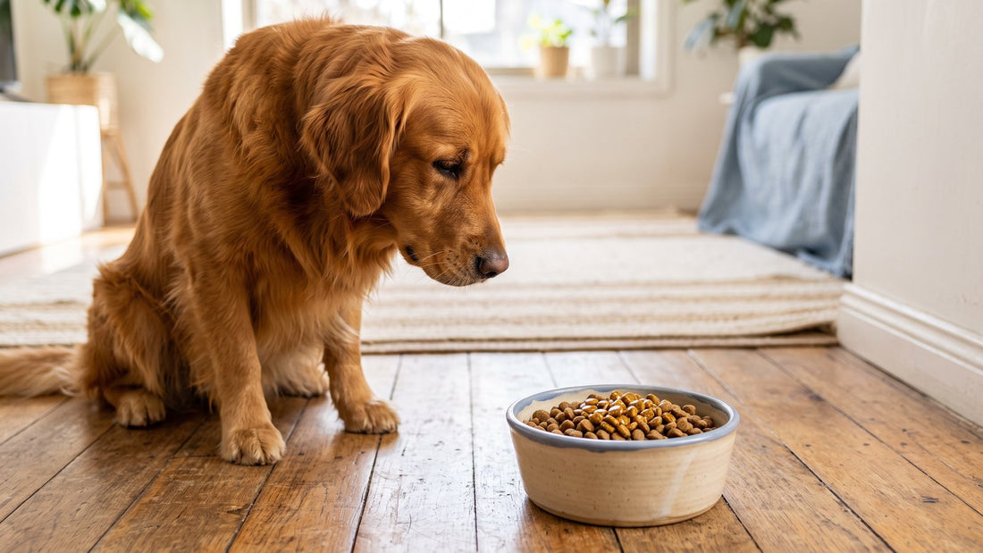 Golden retriever mirando su plato de comida con aceite de pescado
