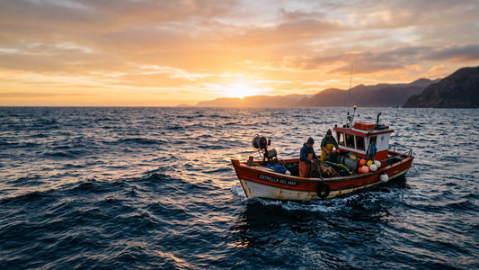Bote de pesca artesanal en mar abierto al amanecer