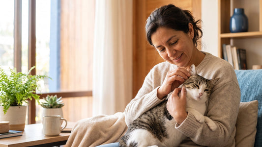 Tutora revisando la piel de su gato en brazos