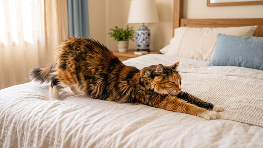 Gata de pelo largo y brillante estirándose sobre la cama