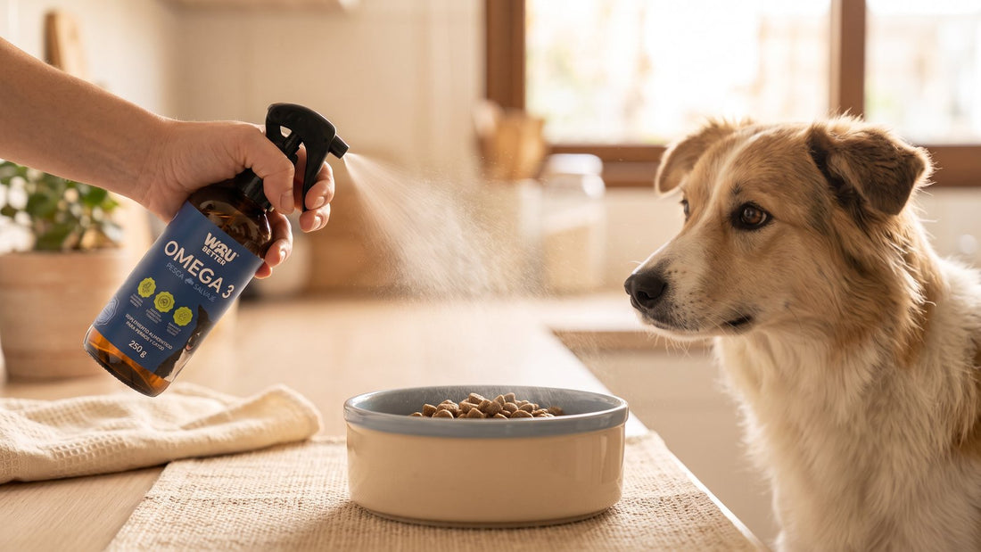Aplicando Omega 3 WAU BETTER sobre el plato de comida de un perro