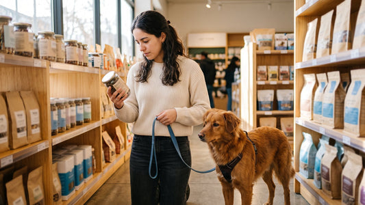 Tutora leyendo la etiqueta de un suplemento en una tienda de mascotas con su perro