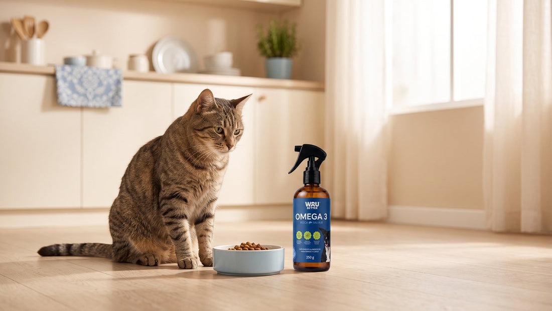Gato junto a su plato y un frasco de Omega 3 WAU BETTER