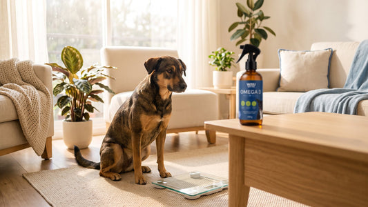 Perro junto a una balanza y un frasco de Omega 3 WAU BETTER