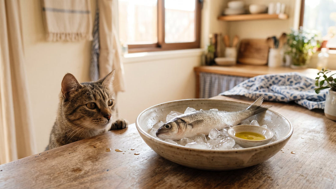 Gato mirando un pescado pequeño de mar sobre hielo