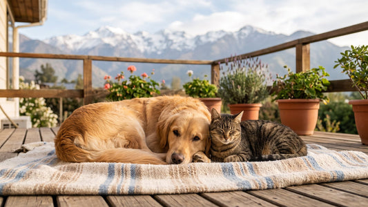 Perro y gato descansando juntos en una terraza con la cordillera de fondo