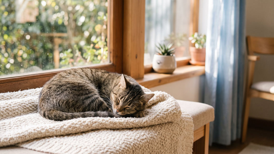 Gato durmiendo tranquilo sobre una manta junto a la ventana