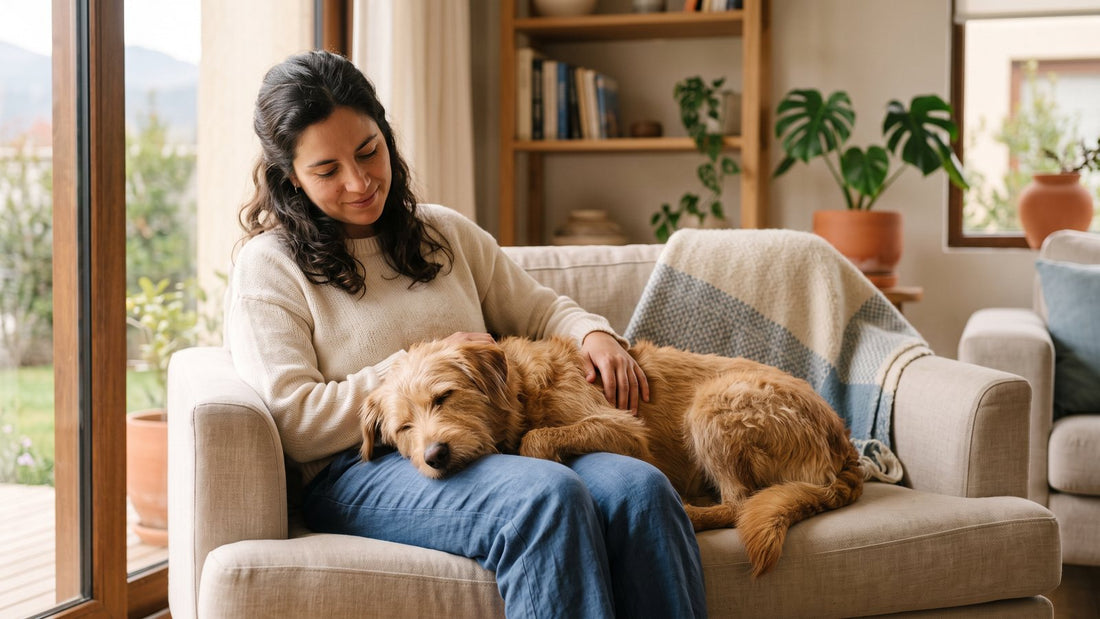 Perro relajado durmiendo en el regazo de su tutora