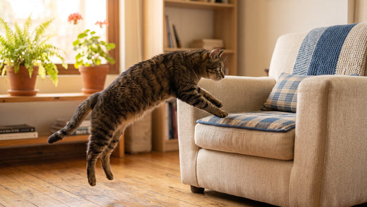 Gato senior saltando a un sillón