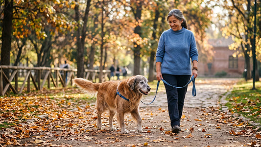 Perro senior caminando por un parque en otoño junto a su tutora