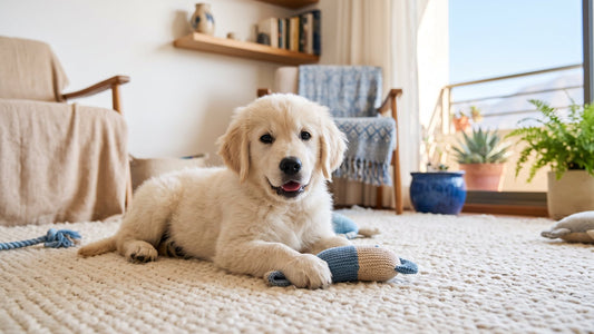 Cachorro de golden retriever jugando sobre una alfombra