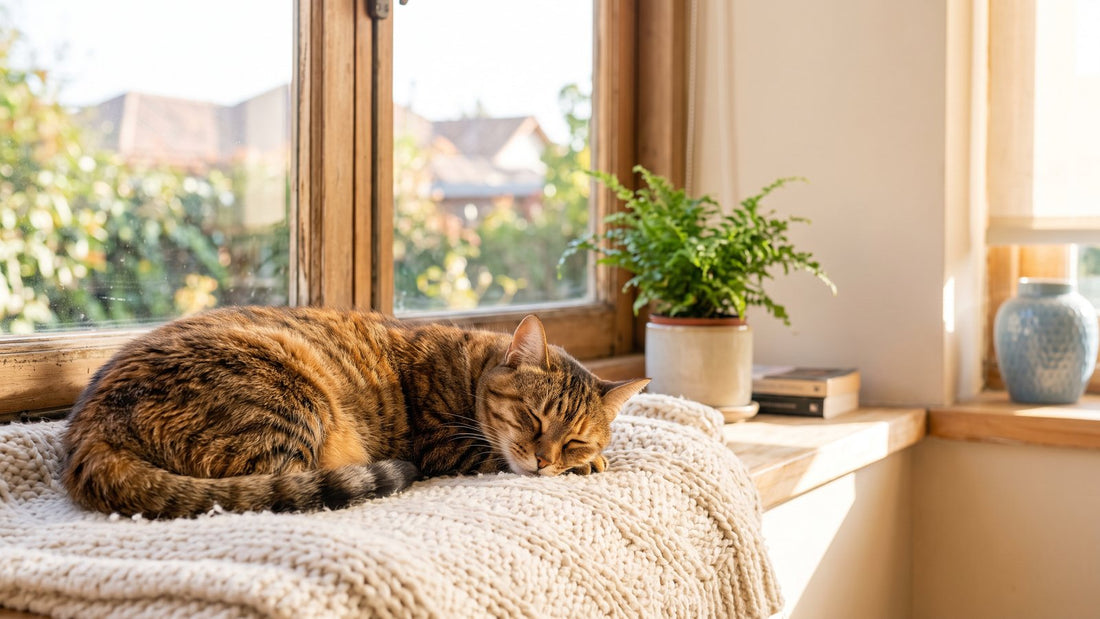Gato atigrado durmiendo sobre una manta junto a la ventana
