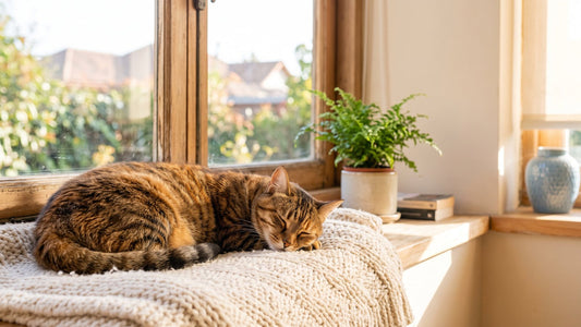 Gato atigrado durmiendo sobre una manta junto a la ventana