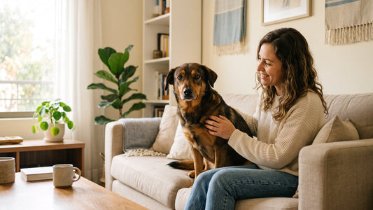 Tutora acariciando a su perro mestizo de pelaje brillante en el sillón