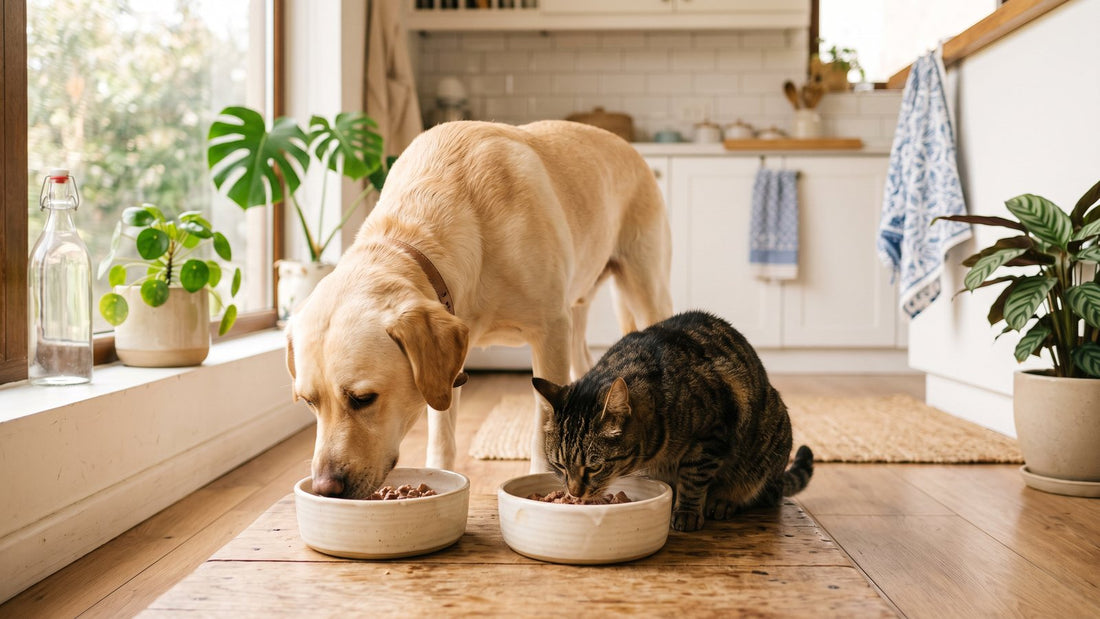 Perro y gato comiendo juntos en la cocina