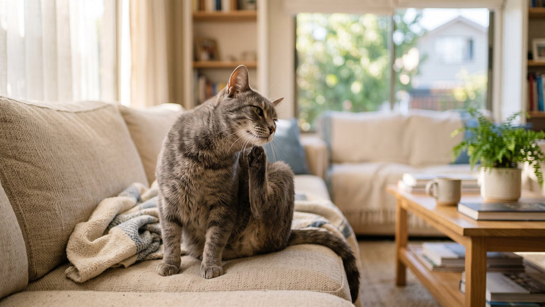 Gato gris rascándose detrás de la oreja en el sofá