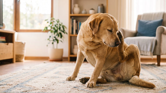 Perro labrador rascándose la oreja con la pata trasera