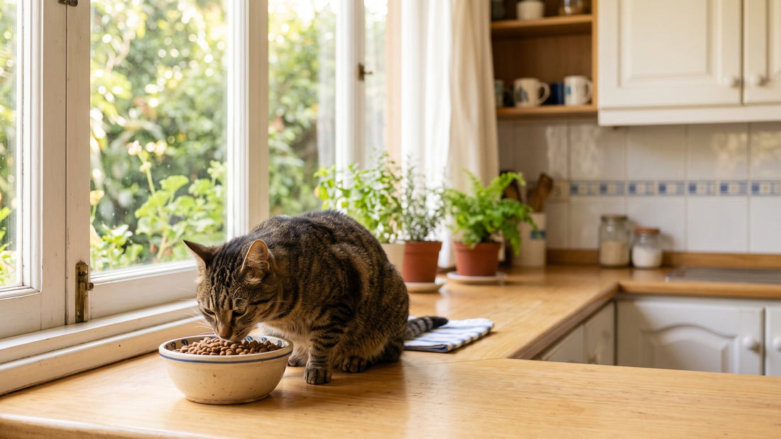 Gato comiendo pellet en la cocina