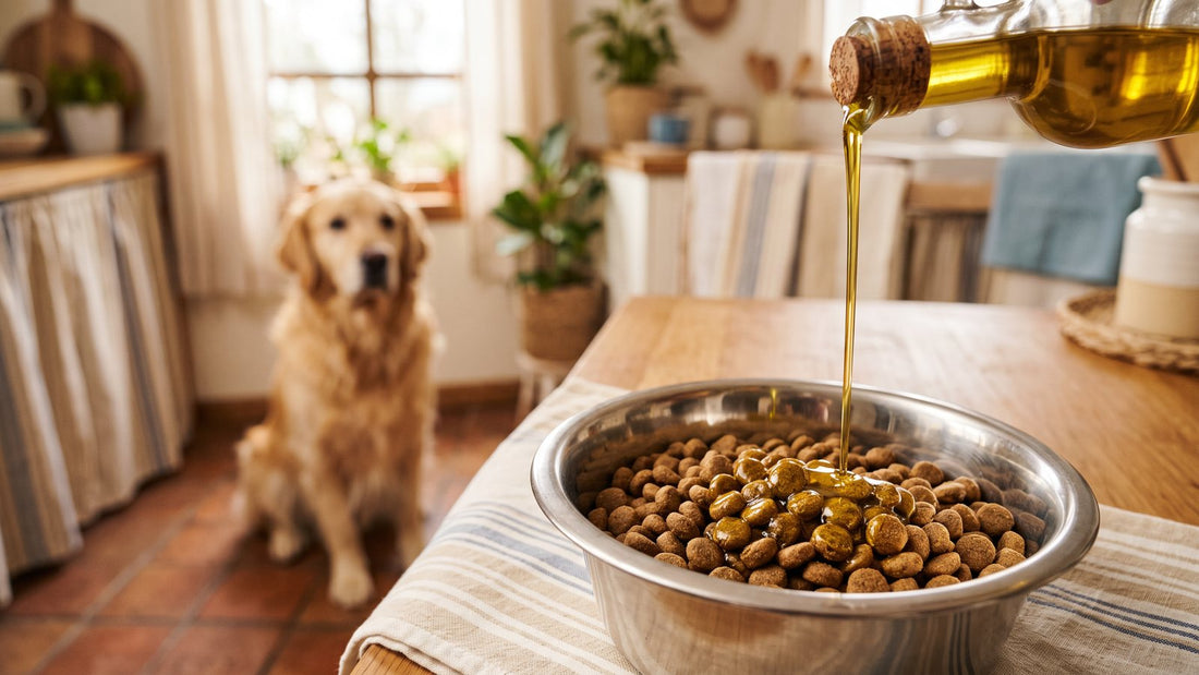 Aceite cayendo sobre un plato de pellet mientras un golden retriever espera